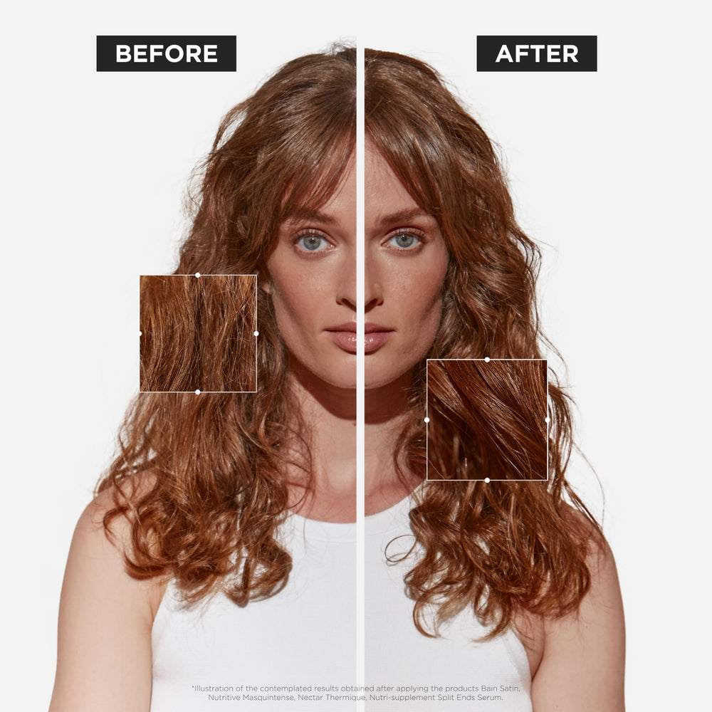 Kérastase Nutritive 8H Night Serum applied to hair lengths for detangling.