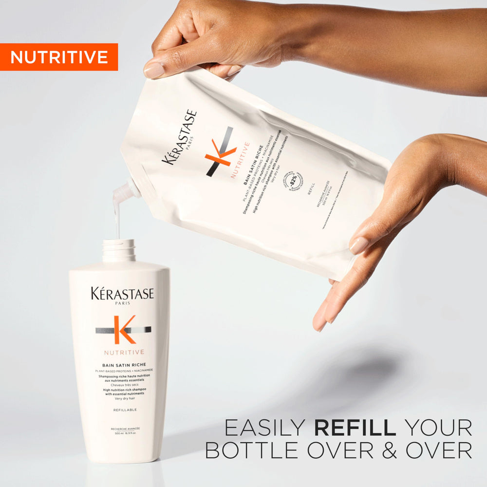 Kérastase Nutritive bottle pouring water during shower, suggesting refreshing cleansing ritual