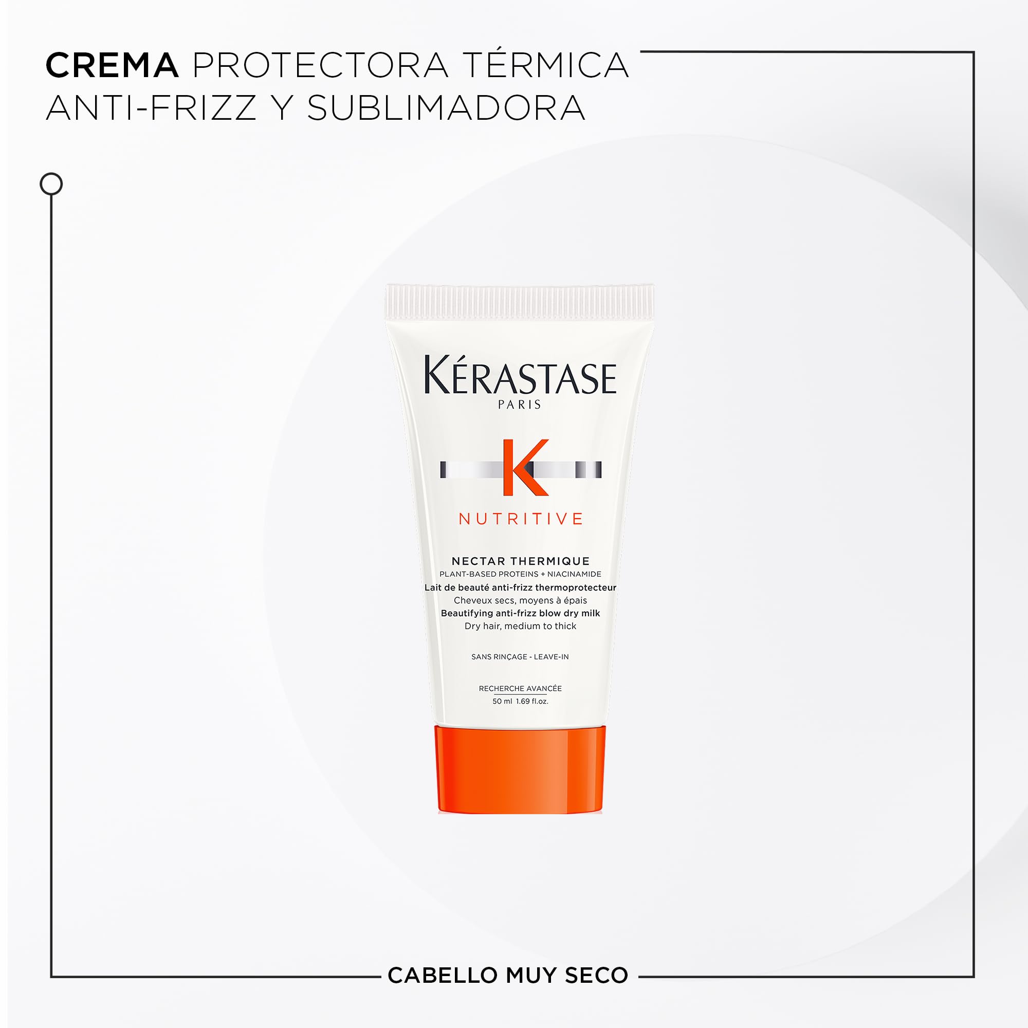 Kérastase Nutritive blow-dry cream bottle offers frizz control and heat protection.