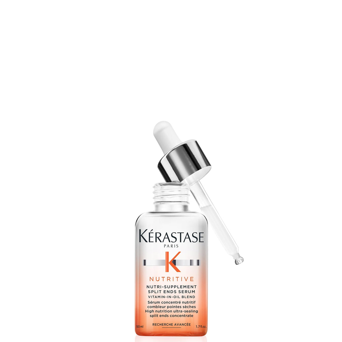 Kerastase Nutritive Split Ends Serum bottle shows nourishing oil for dry hair and smoothness.