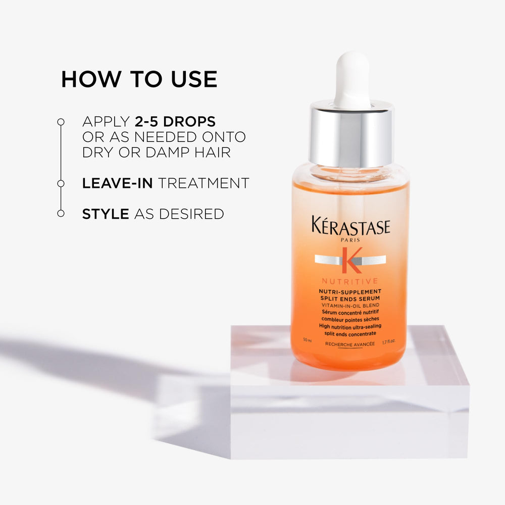 Kerastase Nutritive Split Ends Serum detail emphasizes radiant shine on hair.