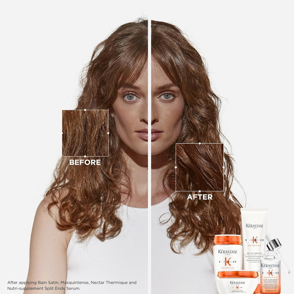 Kerastase Nutritive Split Ends Serum close-up texture highlights silky, nourished appearance.