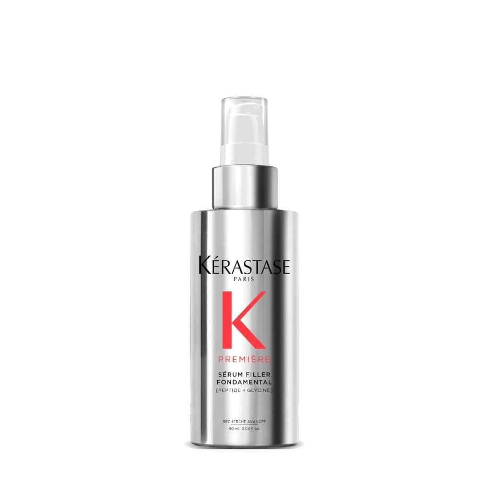 Kerastase Premiere anti-frizz serum bottle shows heat protection and frizz control in action