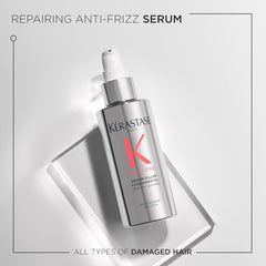 Kerastase Premiere anti-frizz serum pump closeup ready for even application and shine