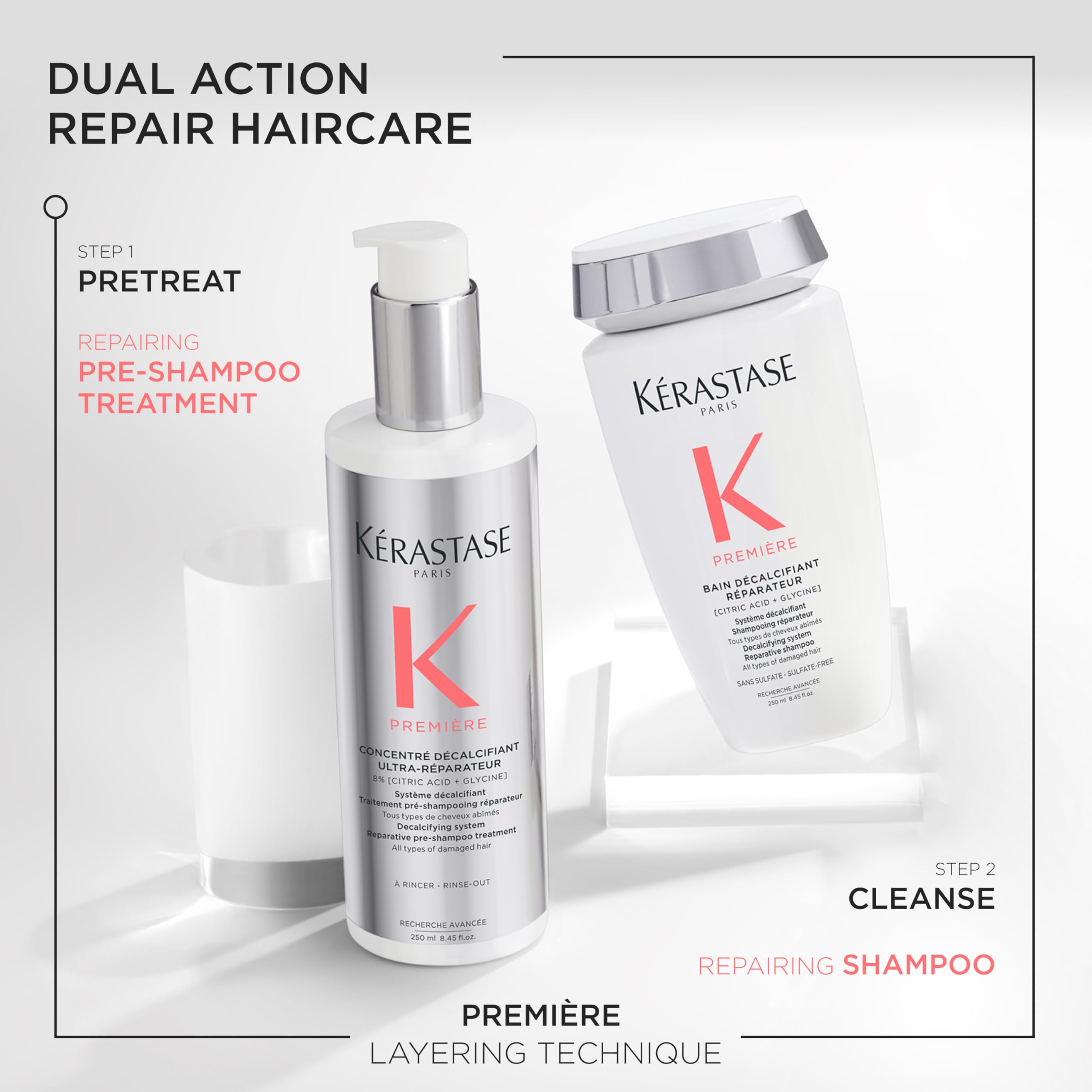 Kerastase Premiere Repair pre-shampoo showing calcium buildup removal effect