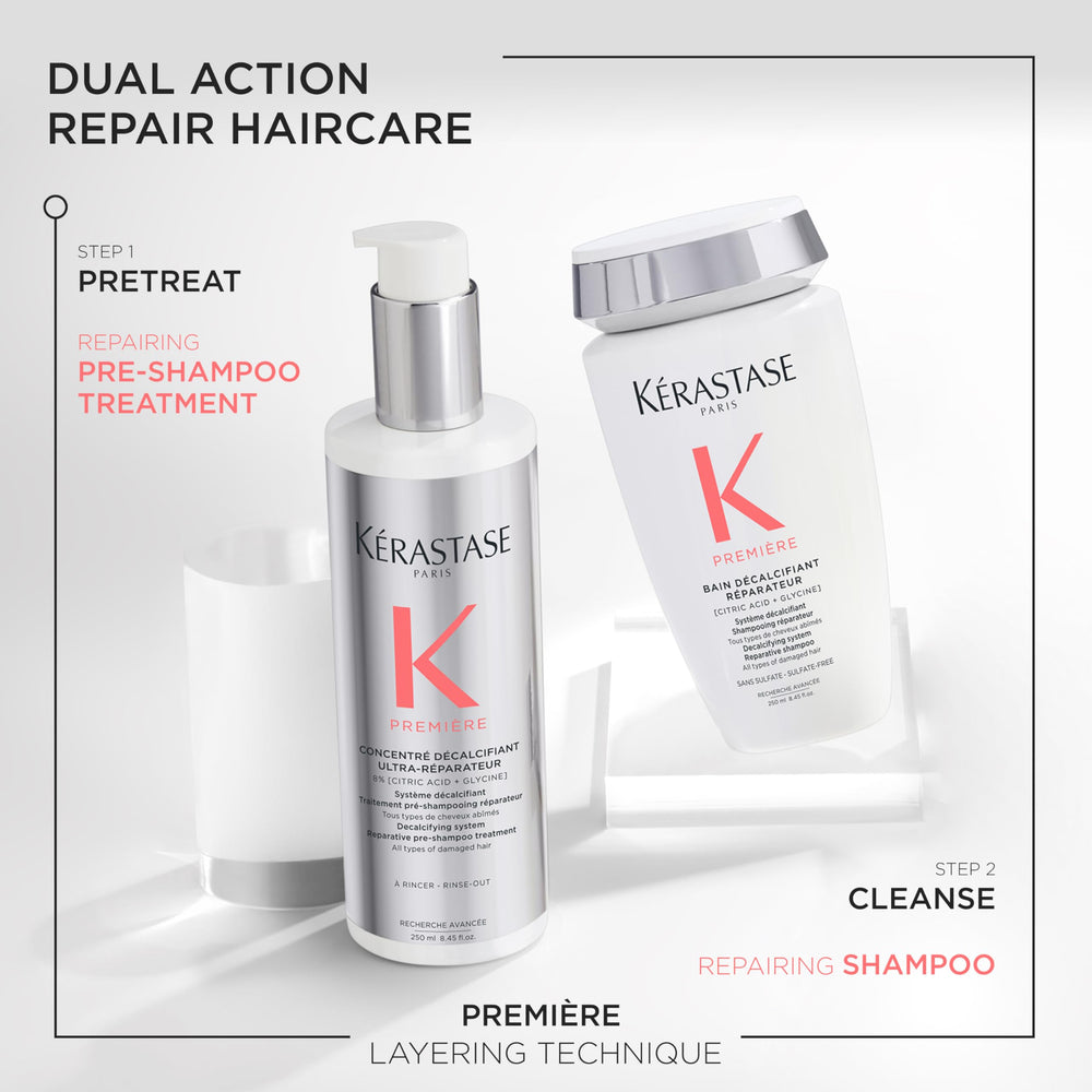 Kerastase Premiere Repair pre-shampoo showing calcium buildup removal effect