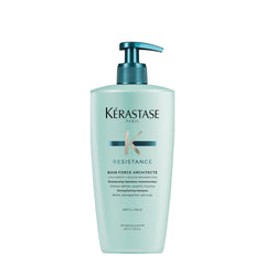Kérastase Résistance Bain Force Architecte shampoo bottle demonstrates damage-repairing care for weakened fibers.