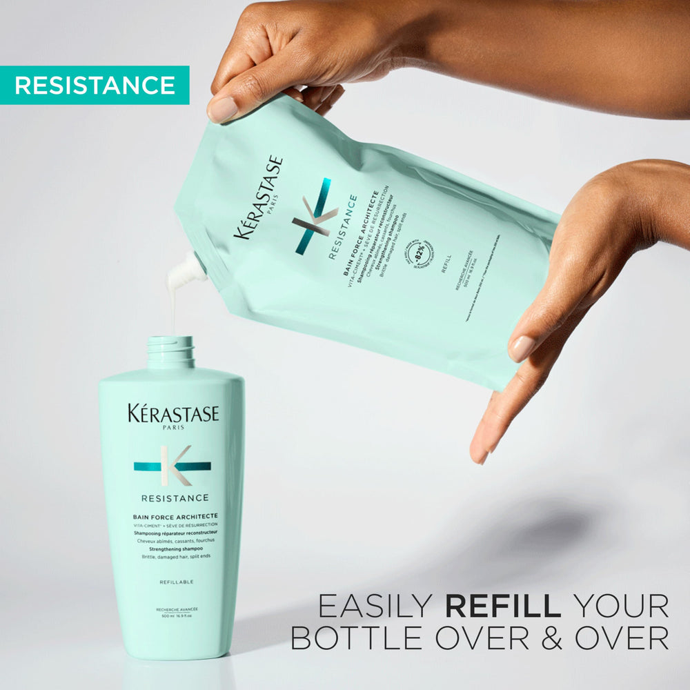 Kérastase Résistance Bain Force Architecte shampoo closeup shows creamy formula enriching scalp and strands.