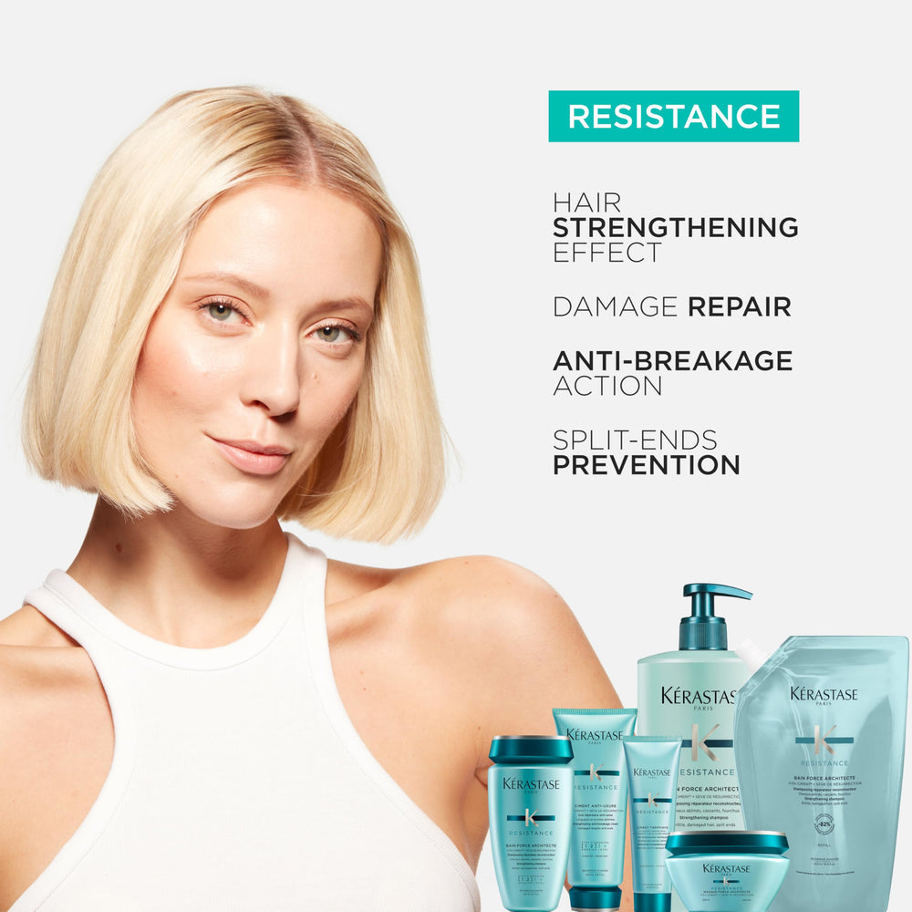 Kérastase Résistance Bain Force Architecte in hand highlights luxurious texture for everyday rebuild.