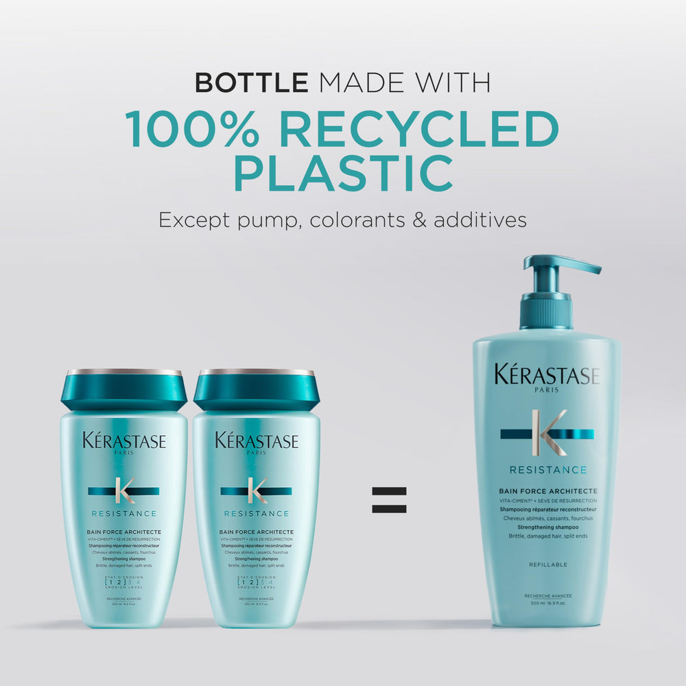 Kérastase Résistance Bain Force Architecte shampoo on shiny hair suggests smooth, revitalized results.