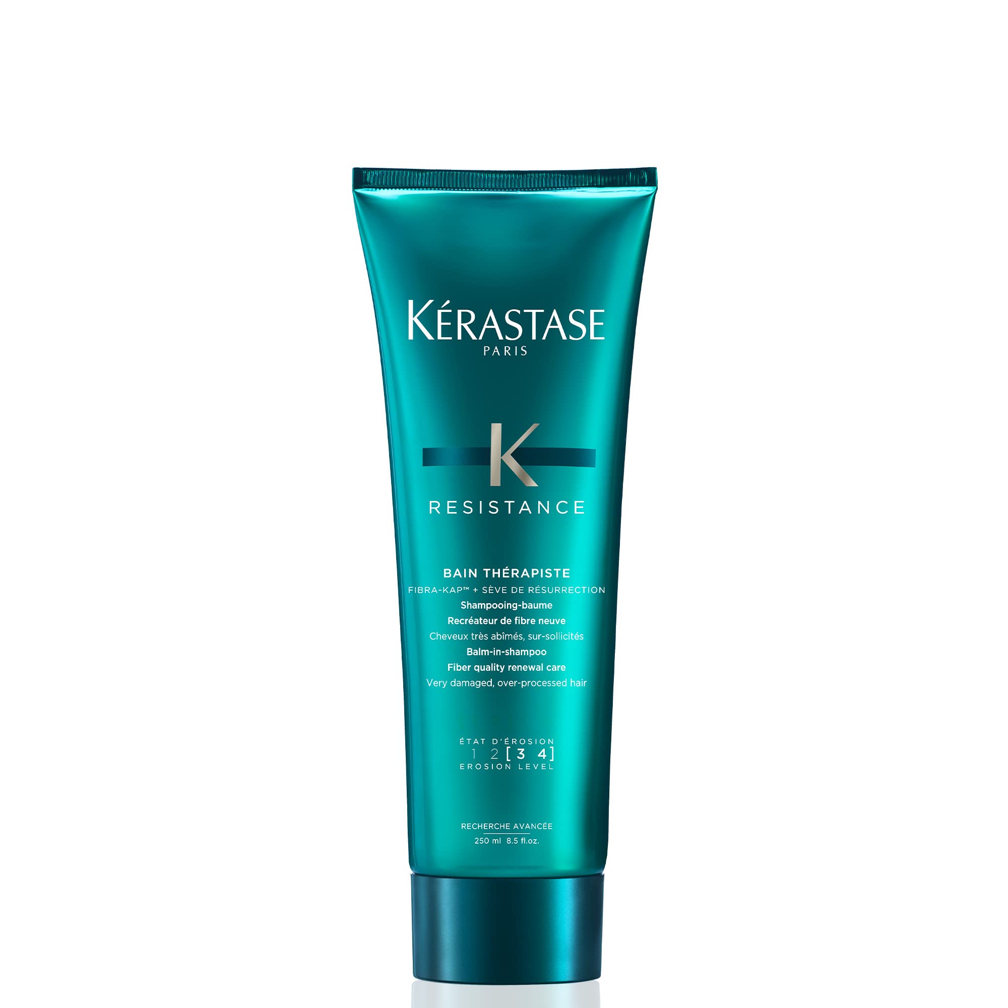 KÉRASTASE Resistance Bain Therapiste bottle demonstrates hair repair and breakage prevention.