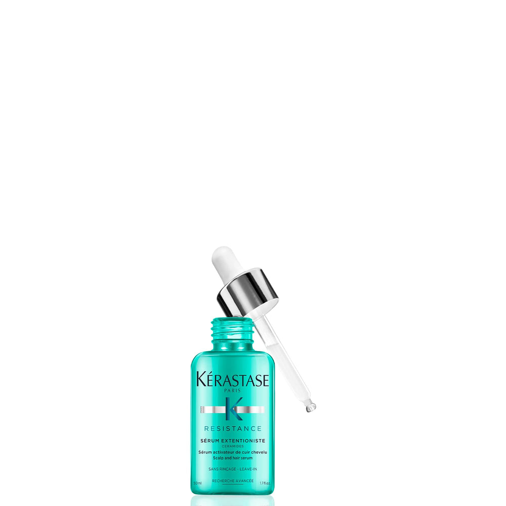 Kerastase Resistance Extentioniste serum bottle close-up promoting a healthy scalp.