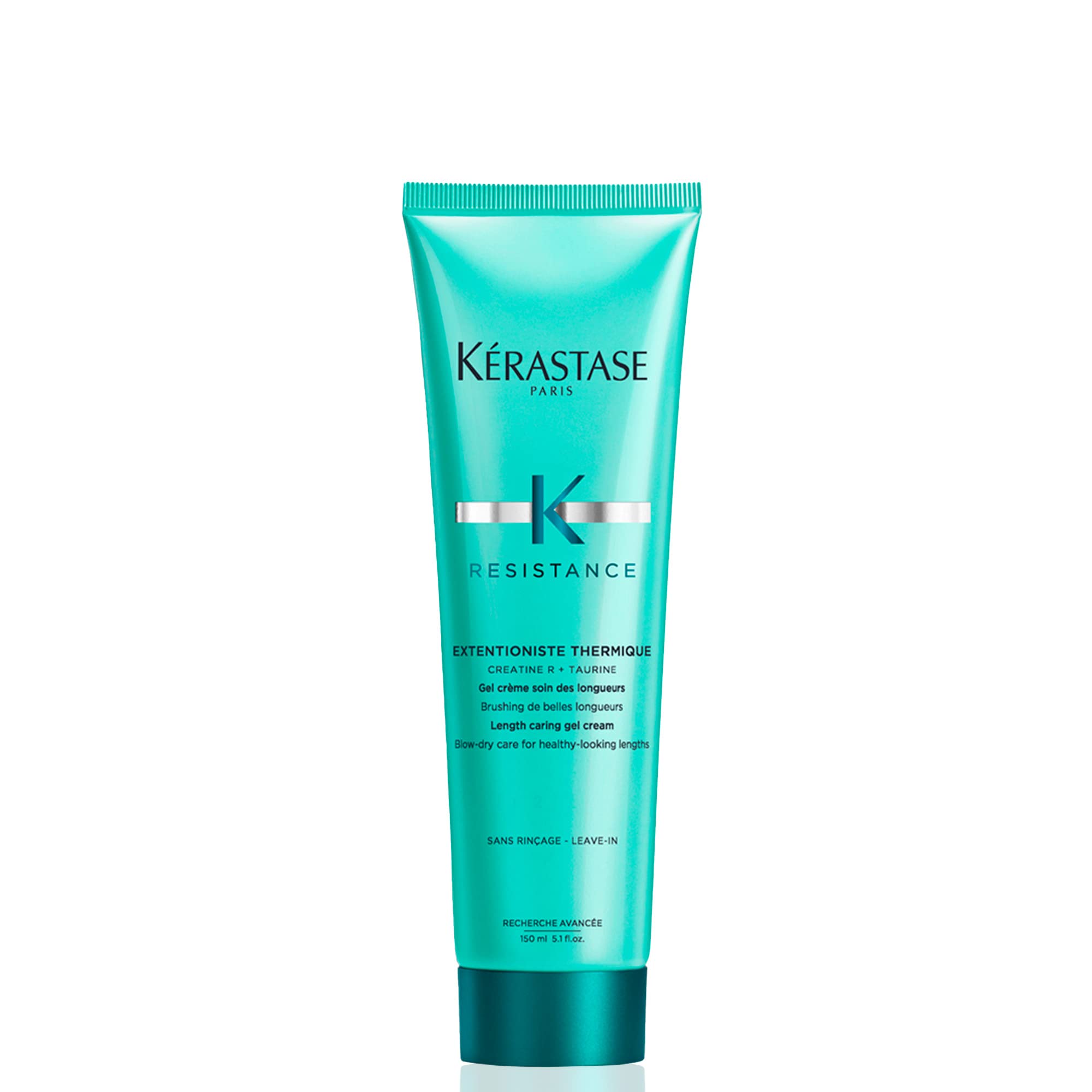 KÉRASTASE Extentioniste Thermique bottle demonstrates heat protection for damaged mid-lengths.