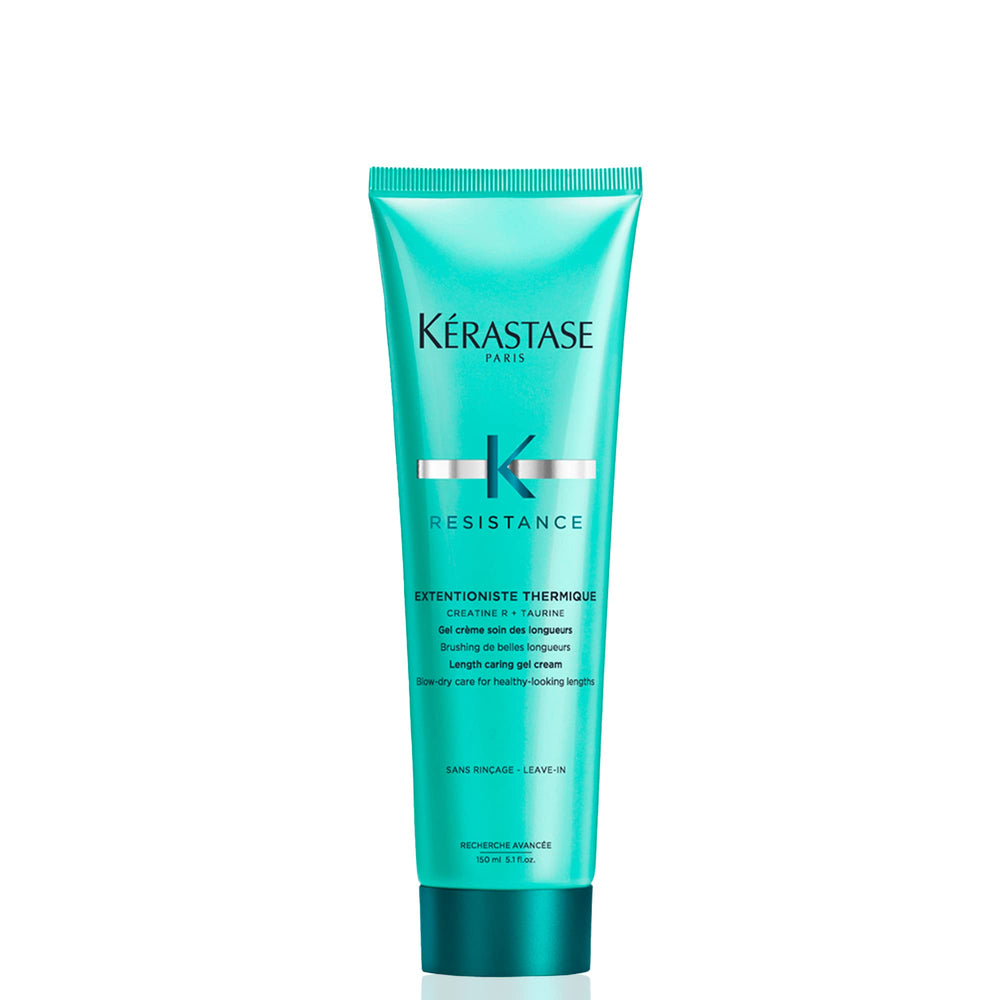 KÉRASTASE Extentioniste Thermique bottle demonstrates heat protection for damaged mid-lengths.