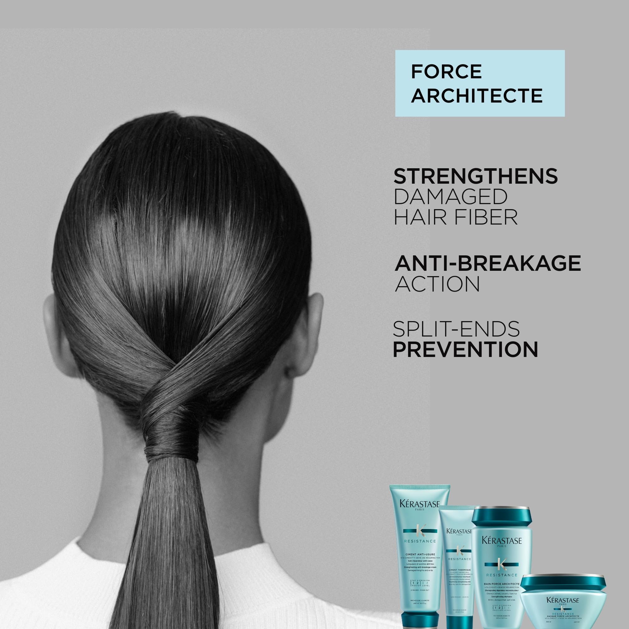KÉRASTASE bottle with damaged strands signaling repair and resilience.