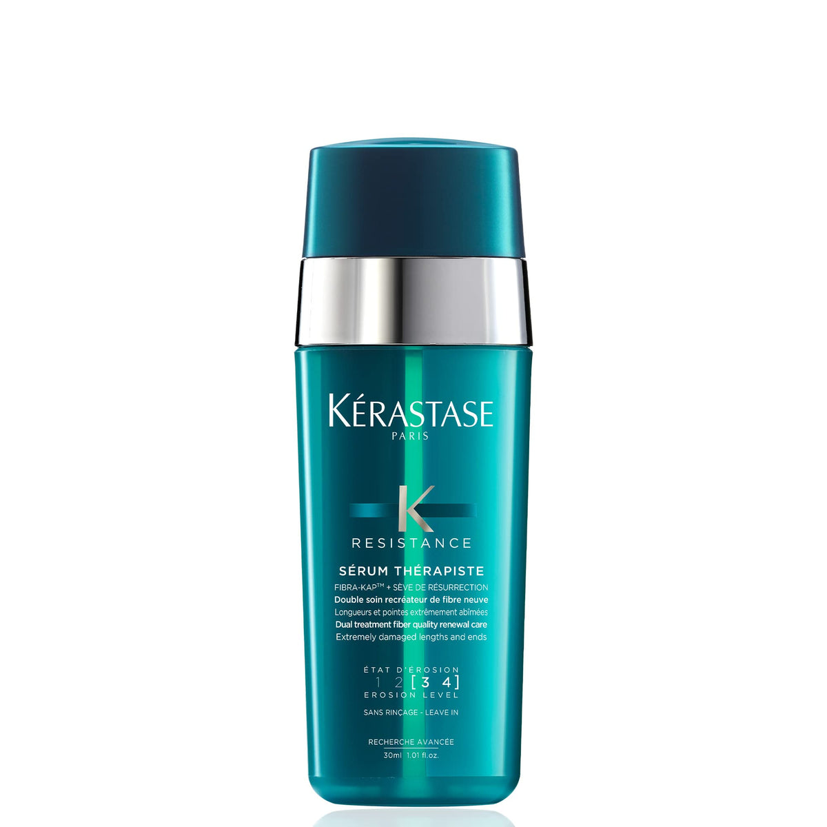 Kérastase Resistance Serum Therapiste bottle closeup showcasing repair serum for very damaged hair.