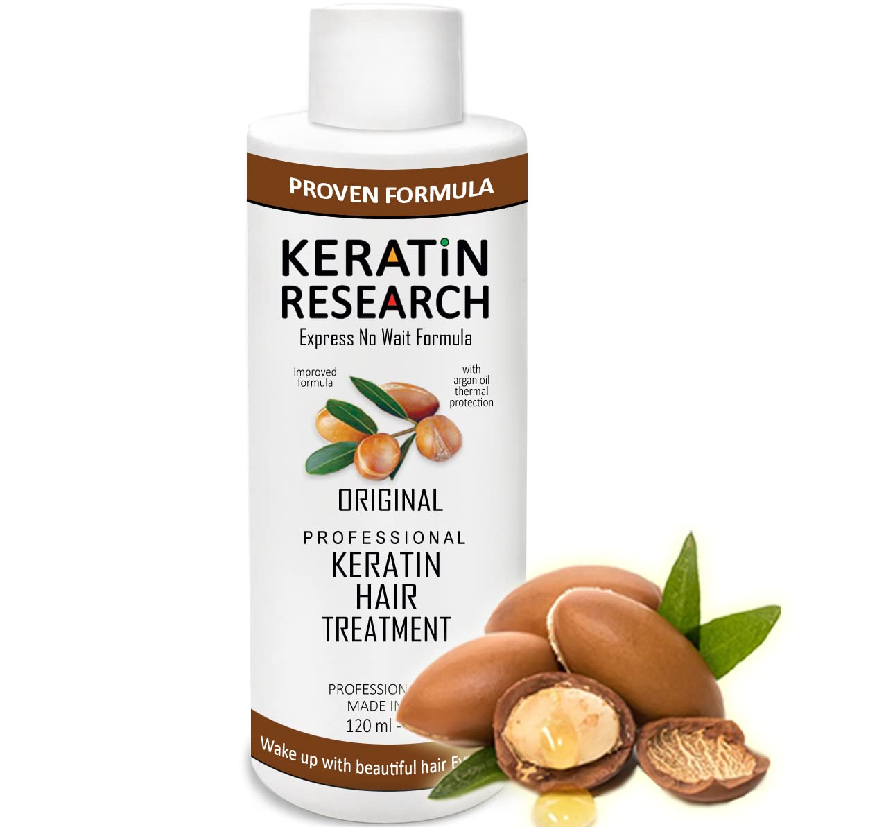 KERATIN RESEARCH Brazilian keratin bottle close-up for at-home professional results.