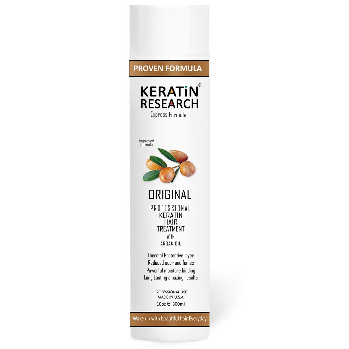 Keratin Research KR 10oz bottle close-up for salon-grade smoothing at home.