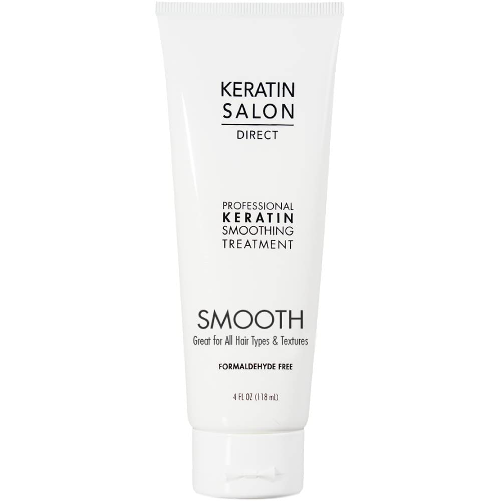 Keratin Salon Direct bottle closeup signals salon-grade smoothing you can use at home.