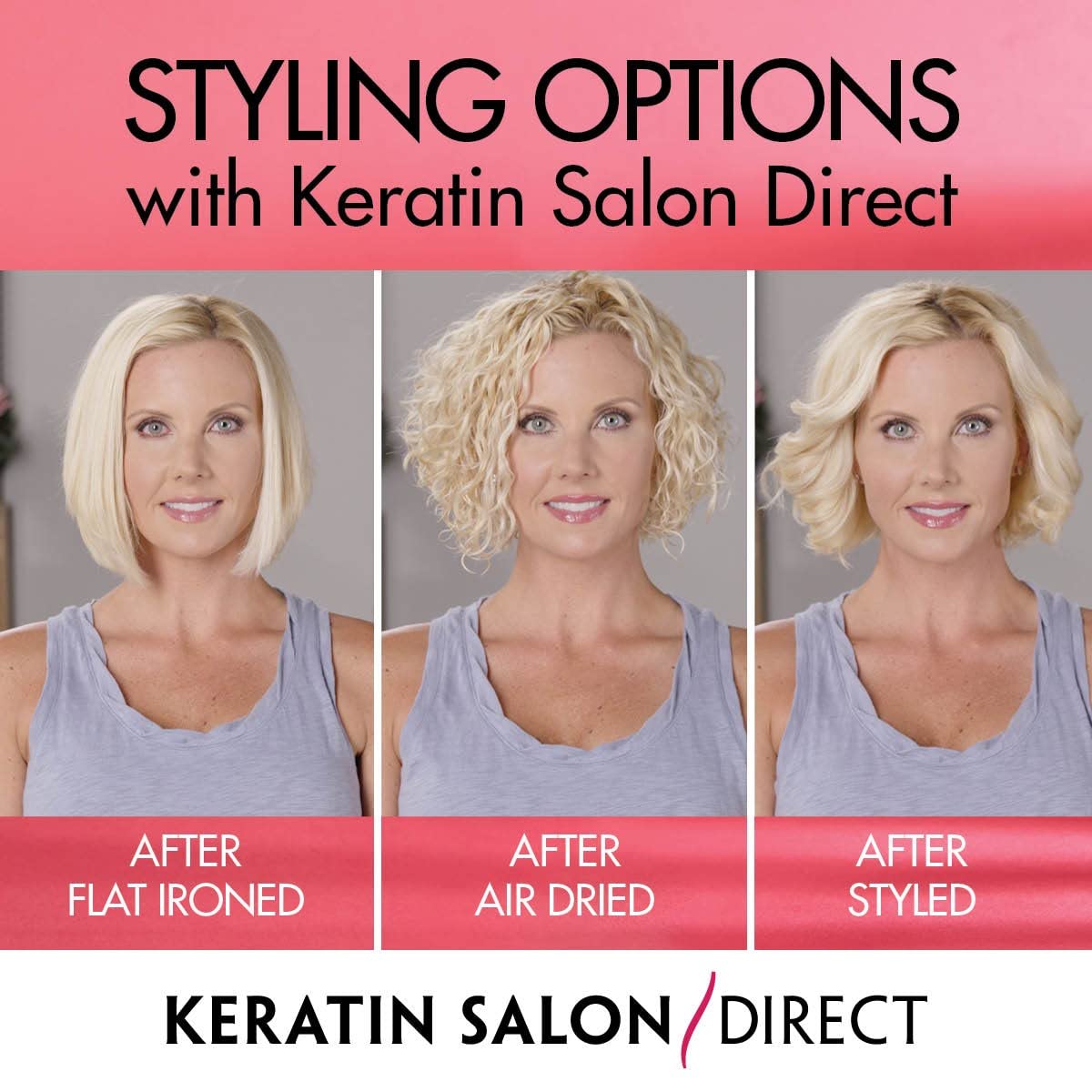 Keratin Salon Direct bottle-and-contents closeup hints at complete at-home smoothing routine.
