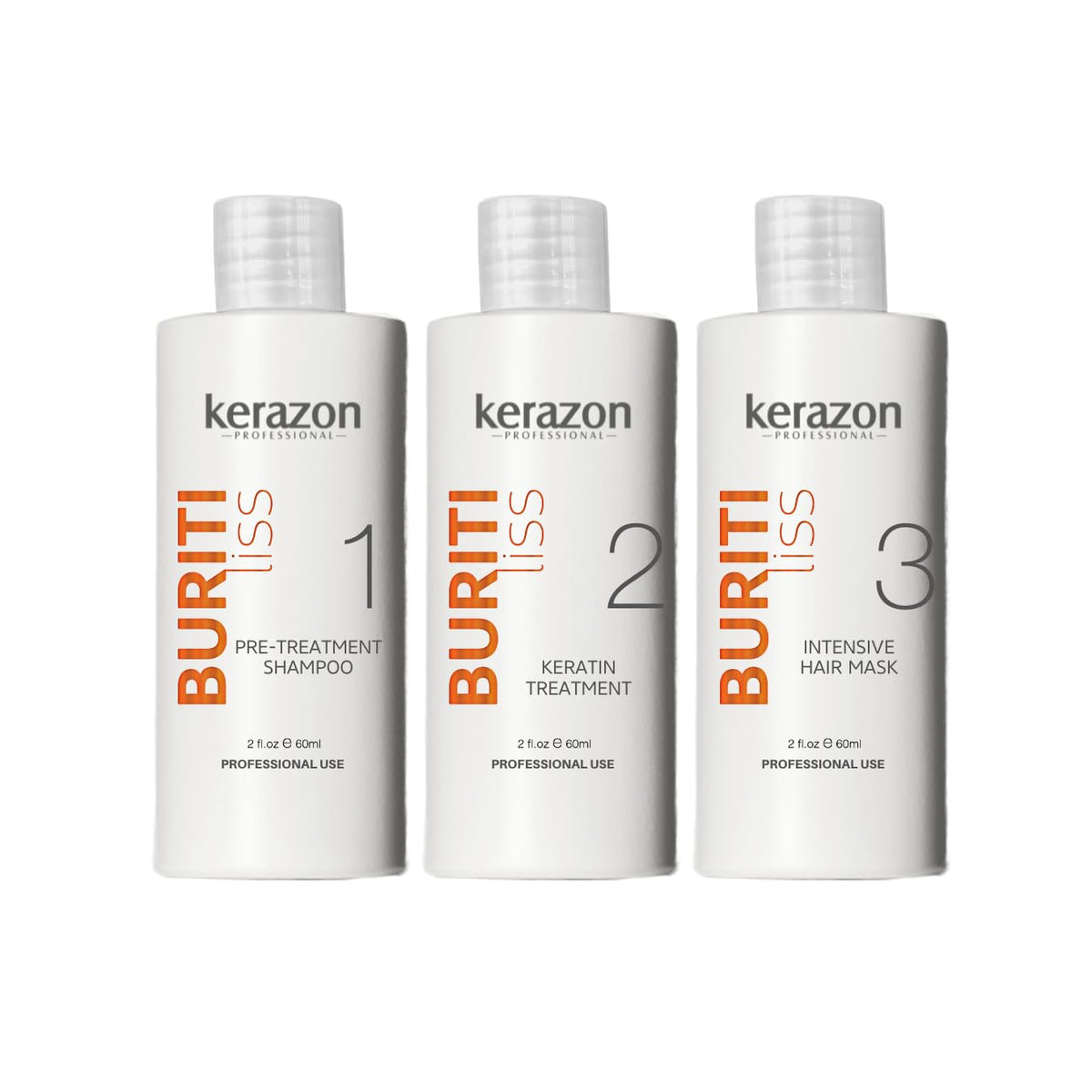Kerazon Brazilian Keratin Buriti Liss Kit bottle shows at-home smoothing for all hair types.