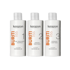 Kerazon Brazilian Keratin Buriti Liss Kit bottle shows at-home smoothing for all hair types.