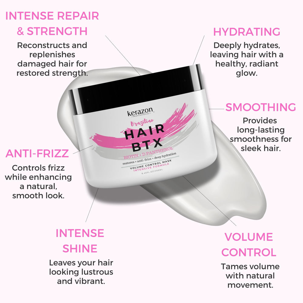 Kerazon BTX cream texture closeup highlights nourishing, moisture-rich formula for healthier strands.
