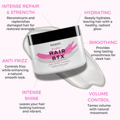 Kerazon BTX cream texture closeup highlights nourishing, moisture-rich formula for healthier strands.