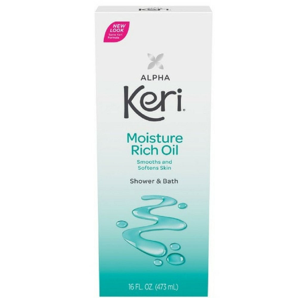 Keri Alpha Keri Shower and Bath Oil bottle for soft, hydrated skin after a bath.