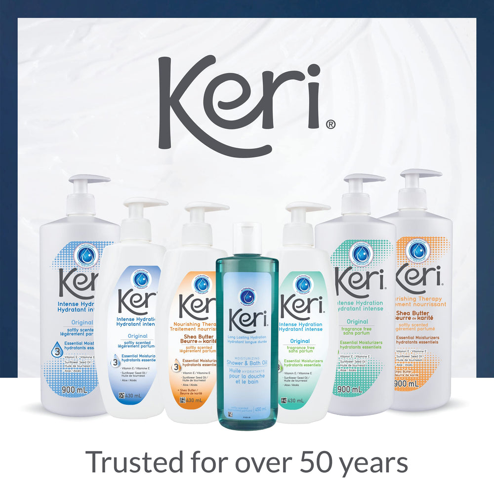 Keri Original Lotion soft focus ambience suggests a calming daily skincare ritual.