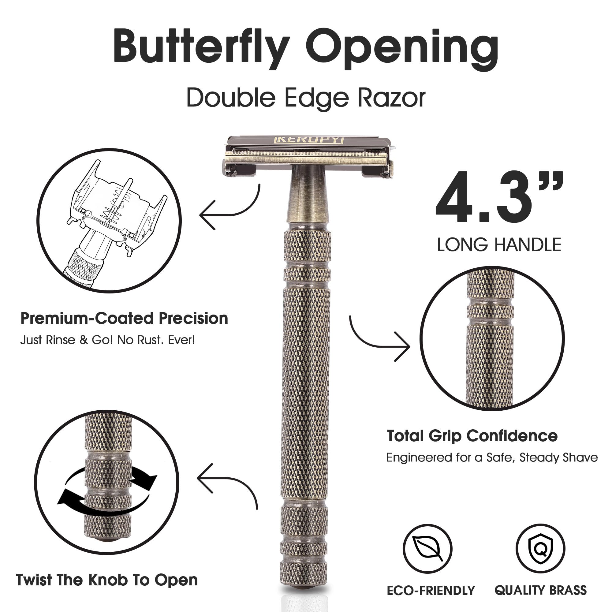 Keropy brass razor blade exposure detail for smooth shave potential