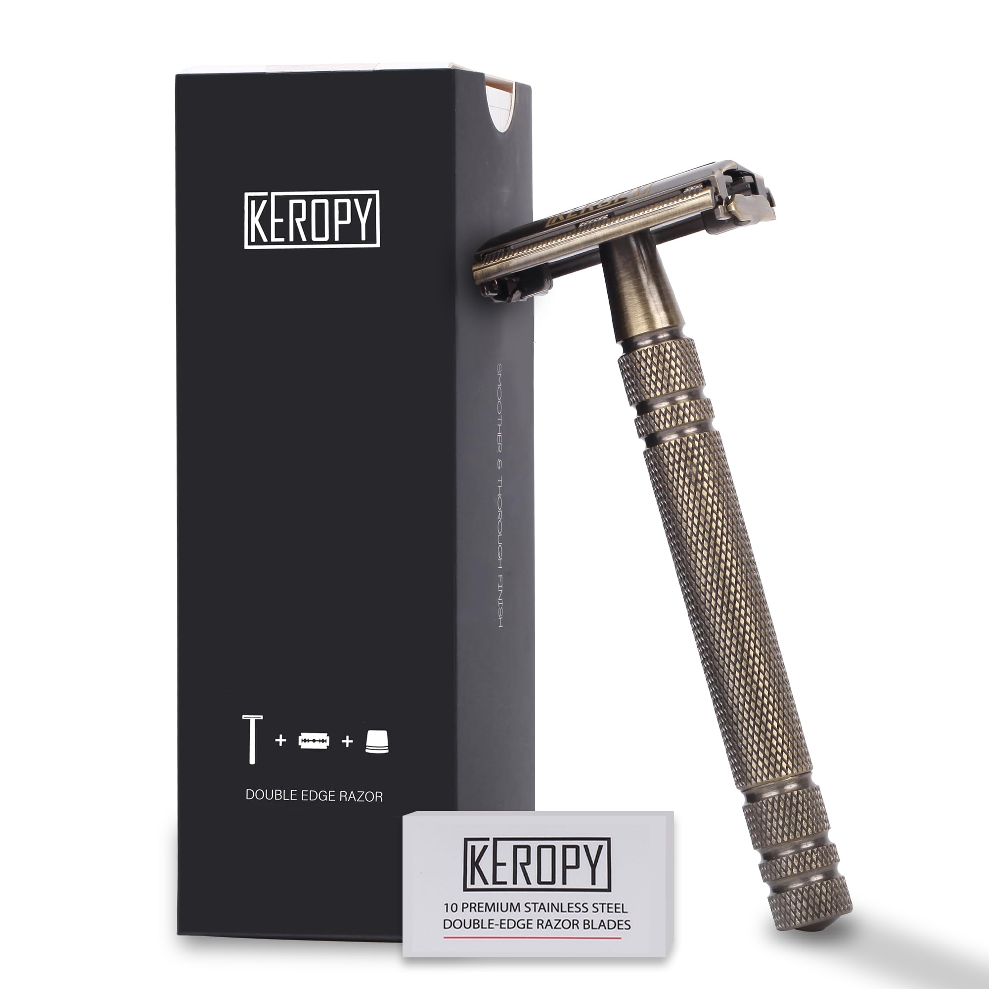 Keropy brass double-edge razor kit top view showing balanced design