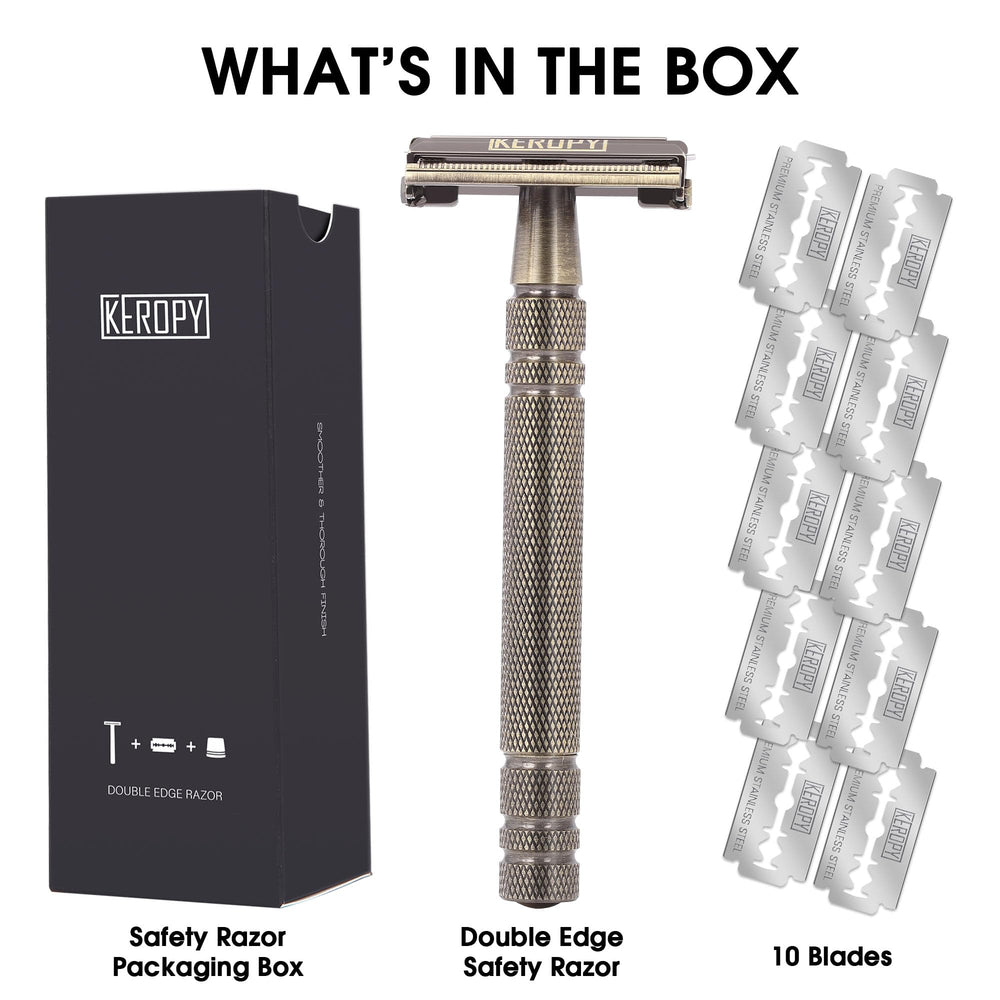 Keropy brass safety razor handle close-up highlighting weight and grip