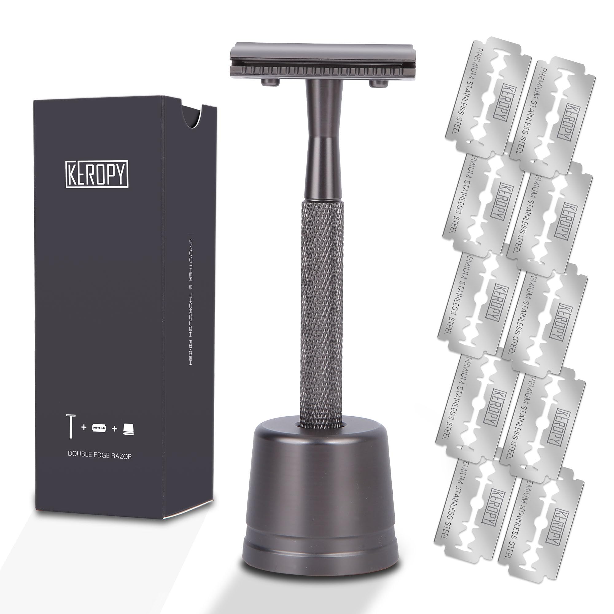 Keropy Double-Edge Razor with Stand, easy-access shaving setup for daily use.