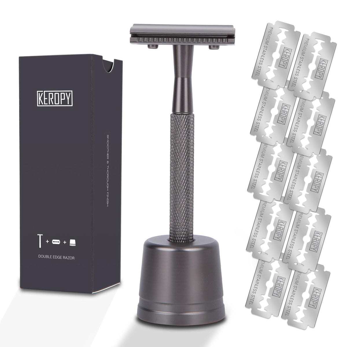 Keropy Double-Edge Razor with Stand, easy-access shaving setup for daily use.