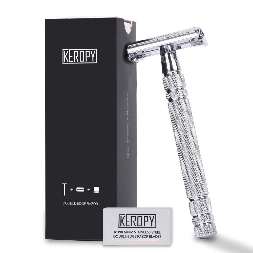 Keropy men's safety razor with metal handle delivering a precise, barber-quality shave