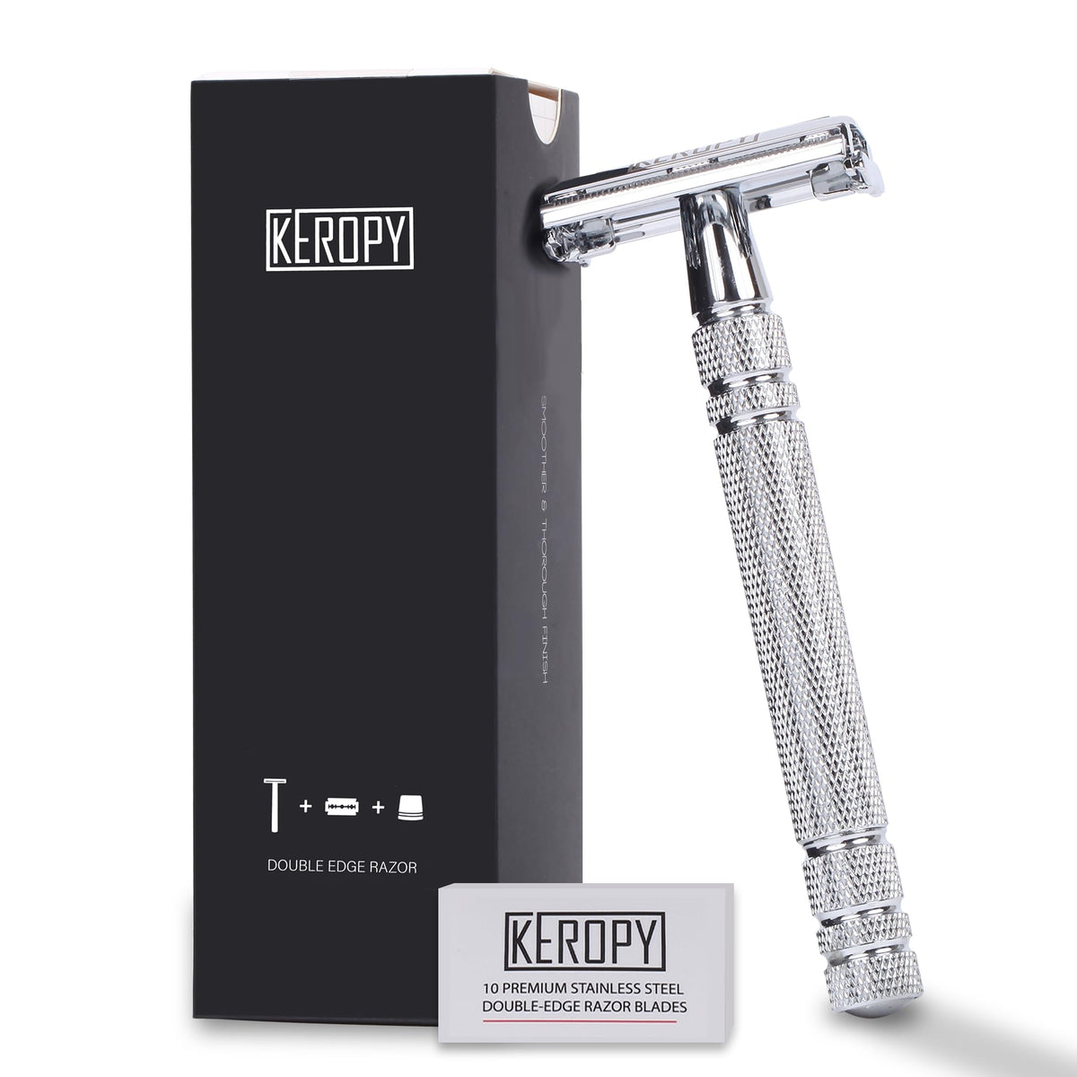 Keropy men's safety razor silver close-up highlighting a precise blade edge for a close shave.