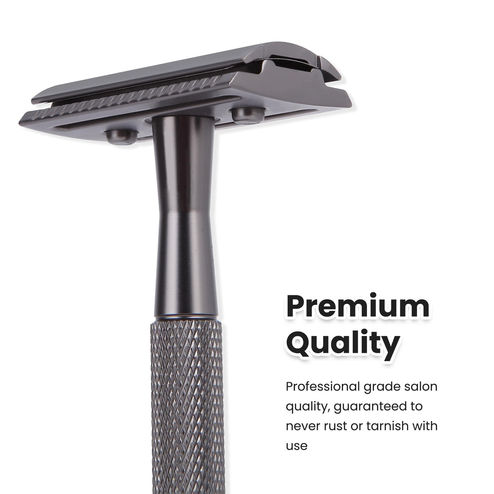 Keropy Matte-Black Safety Razor highlights durable zinc alloy construction for longevity.