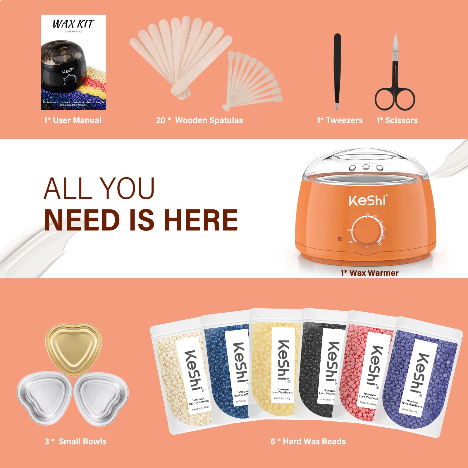KeShi waxing kit twenty applicator sticks for precise, mess-free application