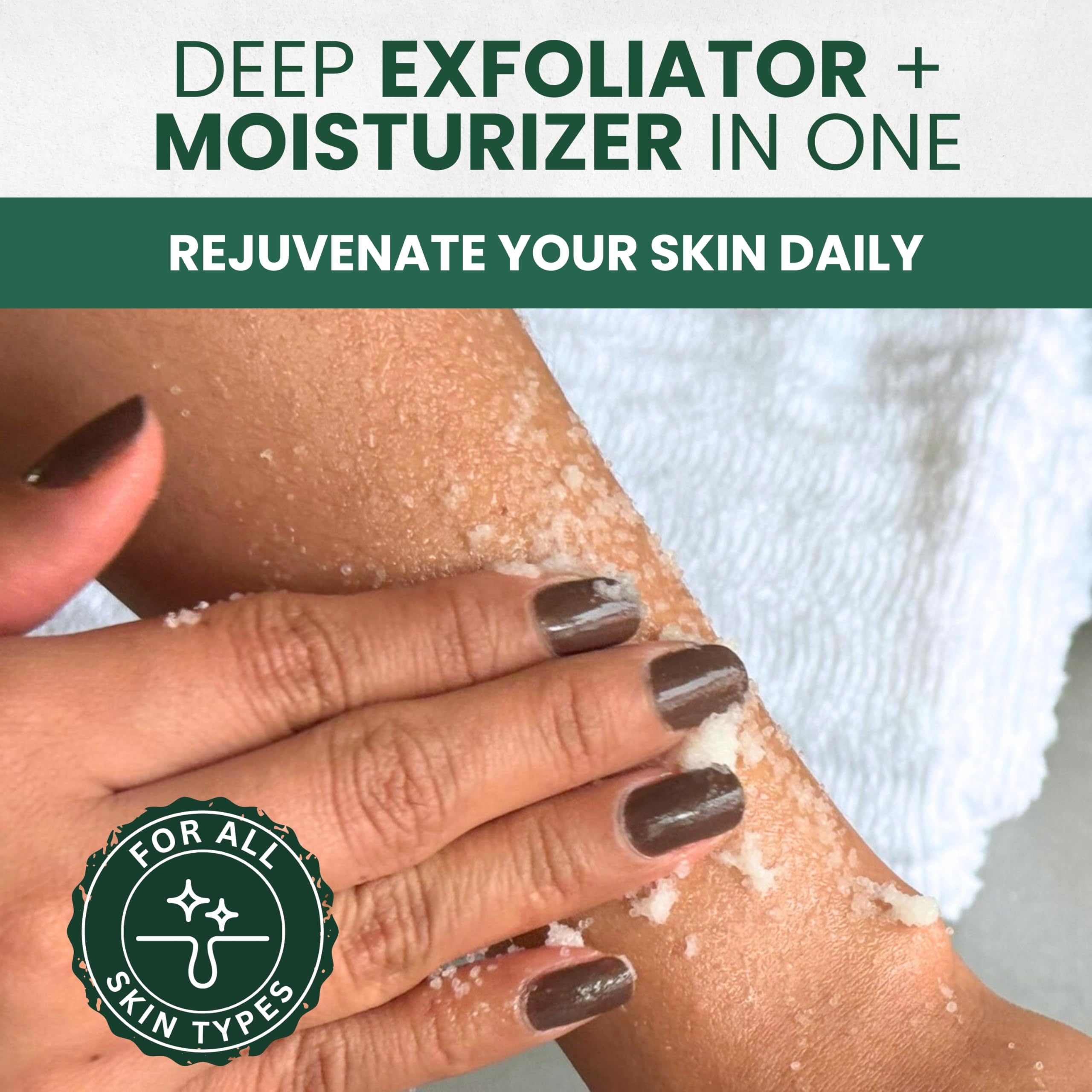 KESMEDIK Himalayan salt crystal scrub texture suggests gentle buffing and daily use