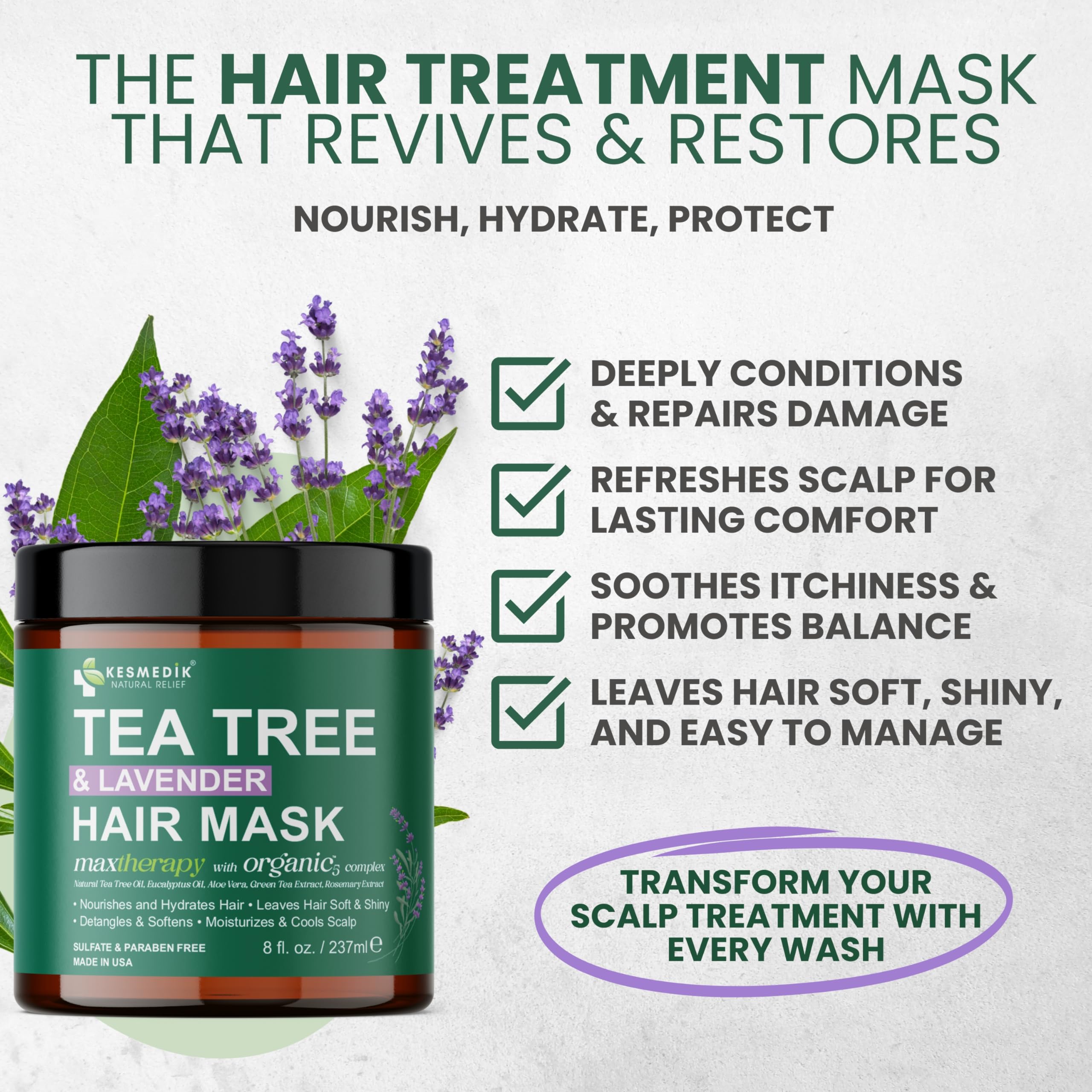 KESMEDIK Pure Tea Tree Hair Mask bottle close-up for scalp soothing.