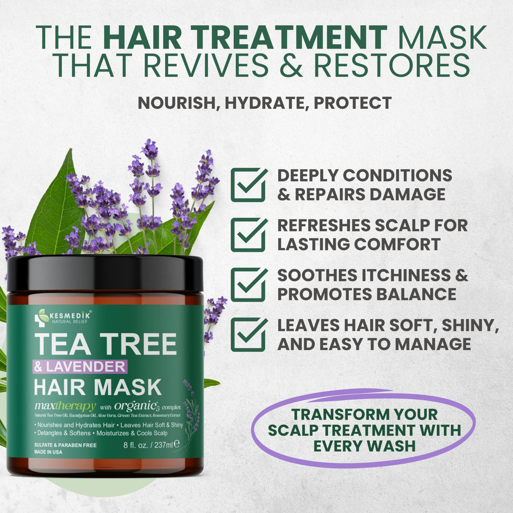 KESMEDIK Pure Tea Tree Hair Mask bottle close-up for scalp soothing.