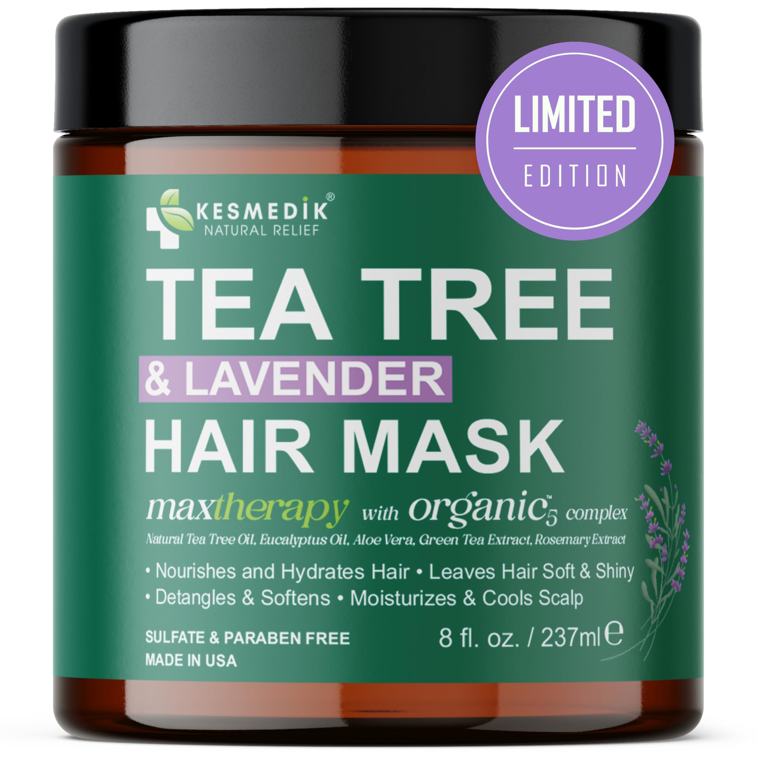 KESMEDIK Pure Tea Tree Hair Mask jar close-up for deep conditioning.