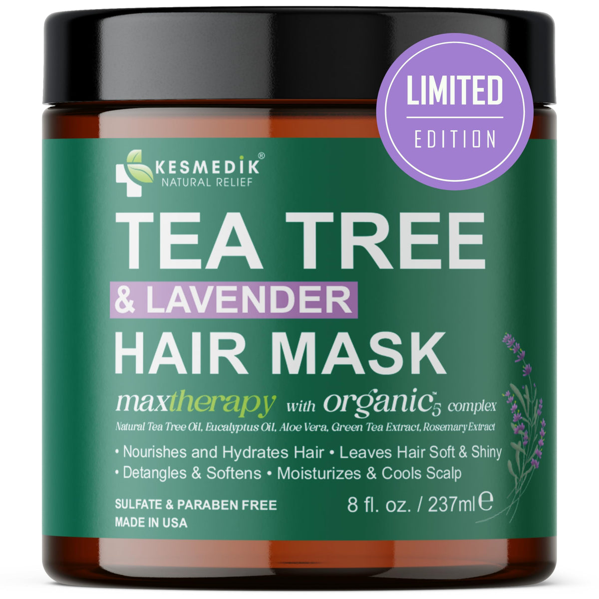 KESMEDIK Pure Tea Tree Hair Mask jar close-up for deep conditioning.