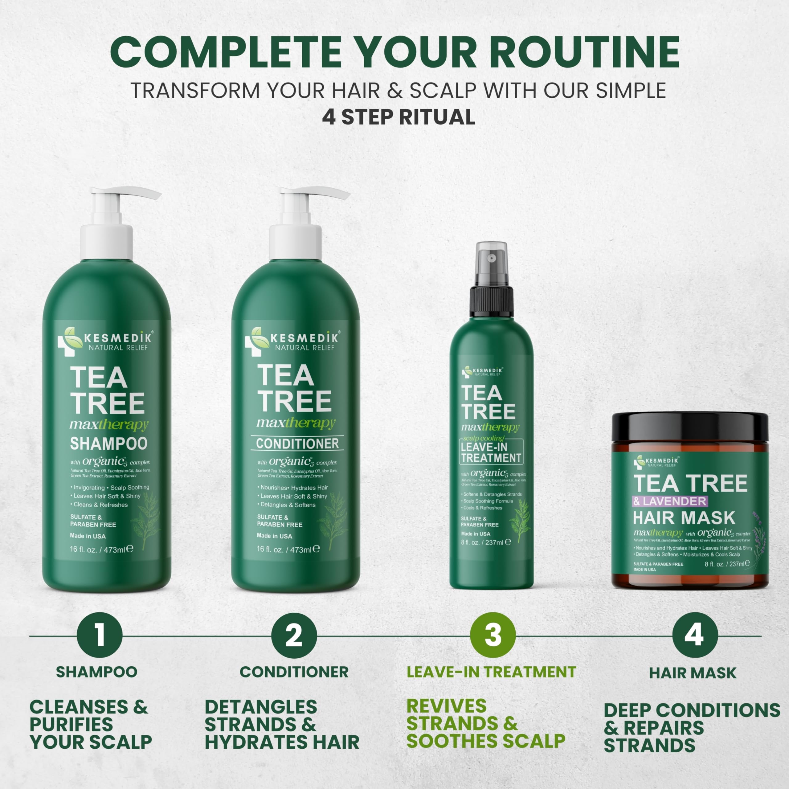 KESMEDIK Pure Tea Tree Oil Leave-In Detangler emphasizes anti-dandruff formula without harsh chemicals.