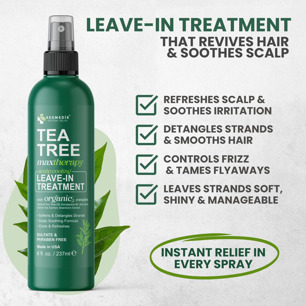 KESMEDIK Pure Tea Tree Oil Leave-In Detangler application spray shows frizz control potential.