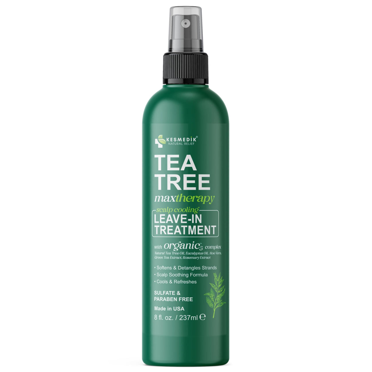 KESMEDIK Pure Tea Tree Oil Leave-In Detangler bottle delivers lightweight hydration and detangling.
