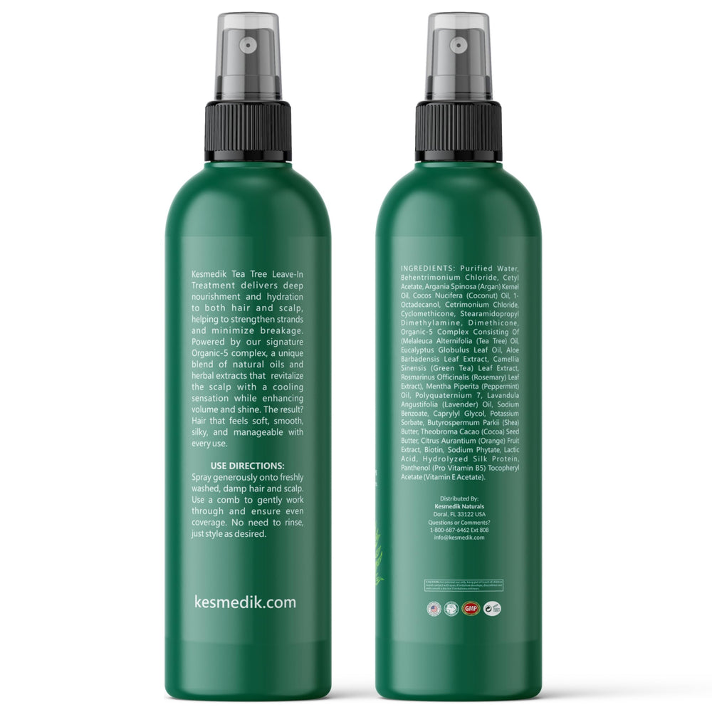 KESMEDIK Pure Tea Tree Oil Leave-In Detangler packaging underscores USA-made production.