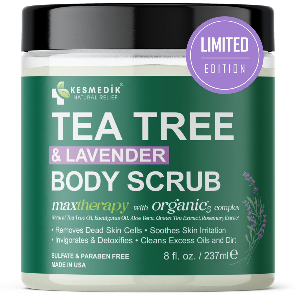 KESMEDIK Pure Tea Tree Scrub bottle closeup showing exfoliation and refreshing scent