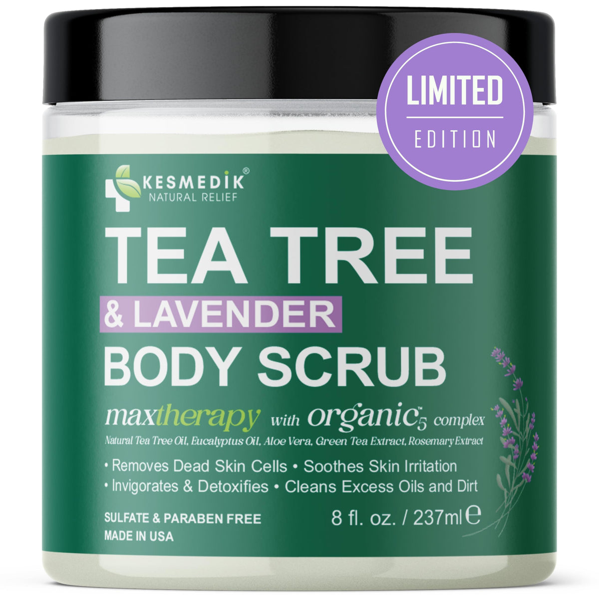 KESMEDIK Pure Tea Tree Scrub bottle closeup showing exfoliation and refreshing scent